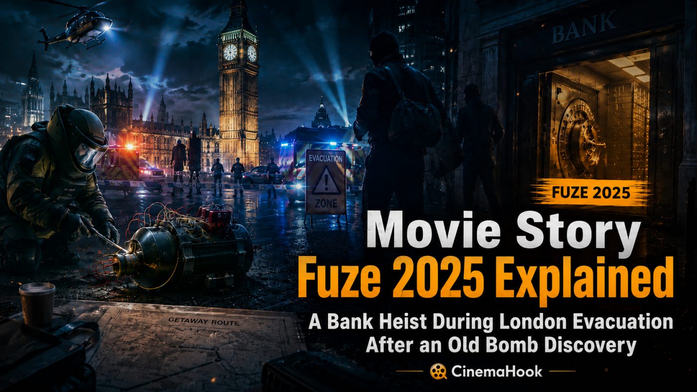 Fuze 2025 movie poster showing scenes of a heist amid London evacuation due to an old bomb
